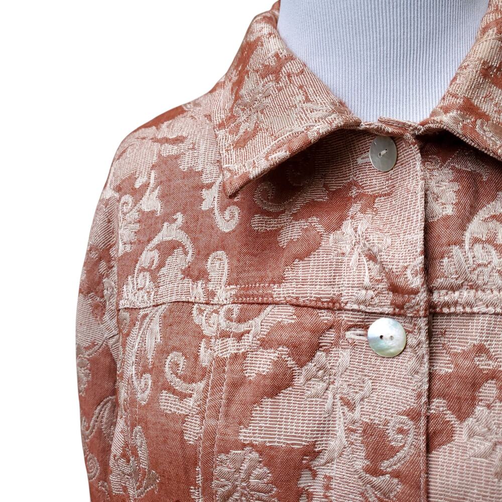 Chico's Sz 2 Red Tan Floral Damask Tapestry Jacket Pockets Collar Chicos Sz L 12 - Picture 3 of 14